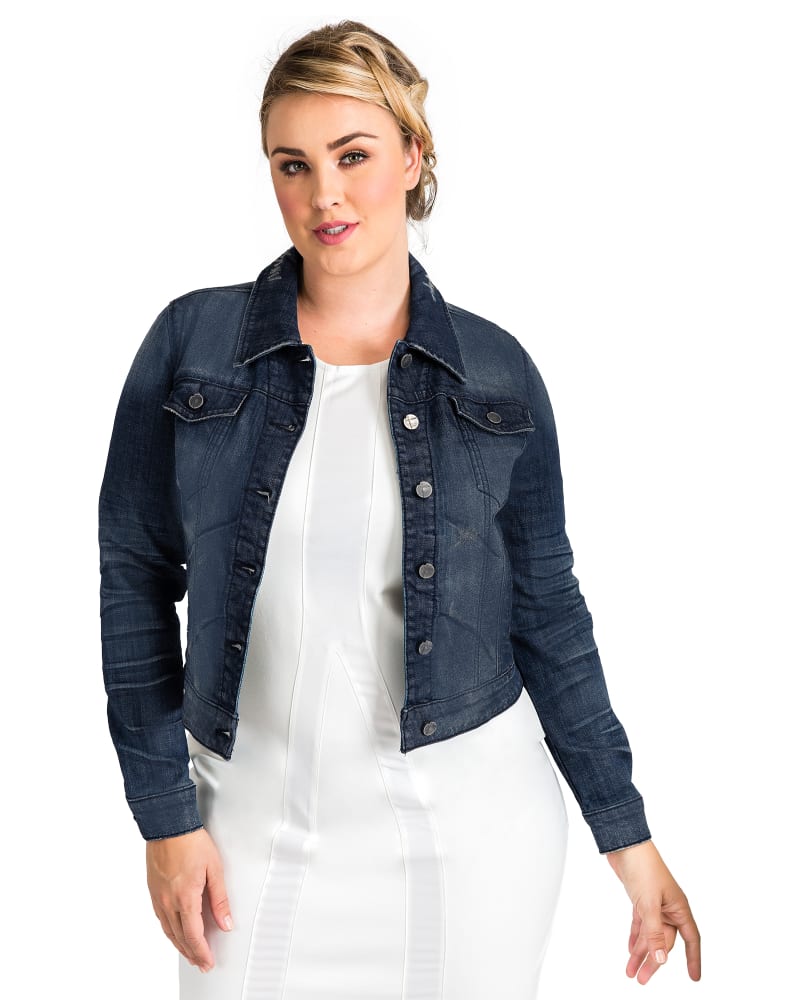 Front of a model wearing a size 1X Autumn Destroyed Denim Jacket in Dark Wash by Standards & Practices. | dia_product_style_image_id:275867